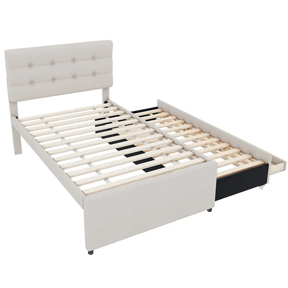 Redom Lit 90x200 cm avec lit gigogne et 3 tiroirs, tête de lit réglable, tapissé lin beige, design minimaliste