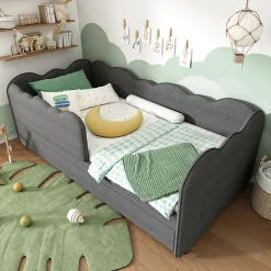 Redom Lit 90x190 cm avec lit gigogne et dossier rembourré en lin gris, côtés modulables pour chambre d'enfant Discount