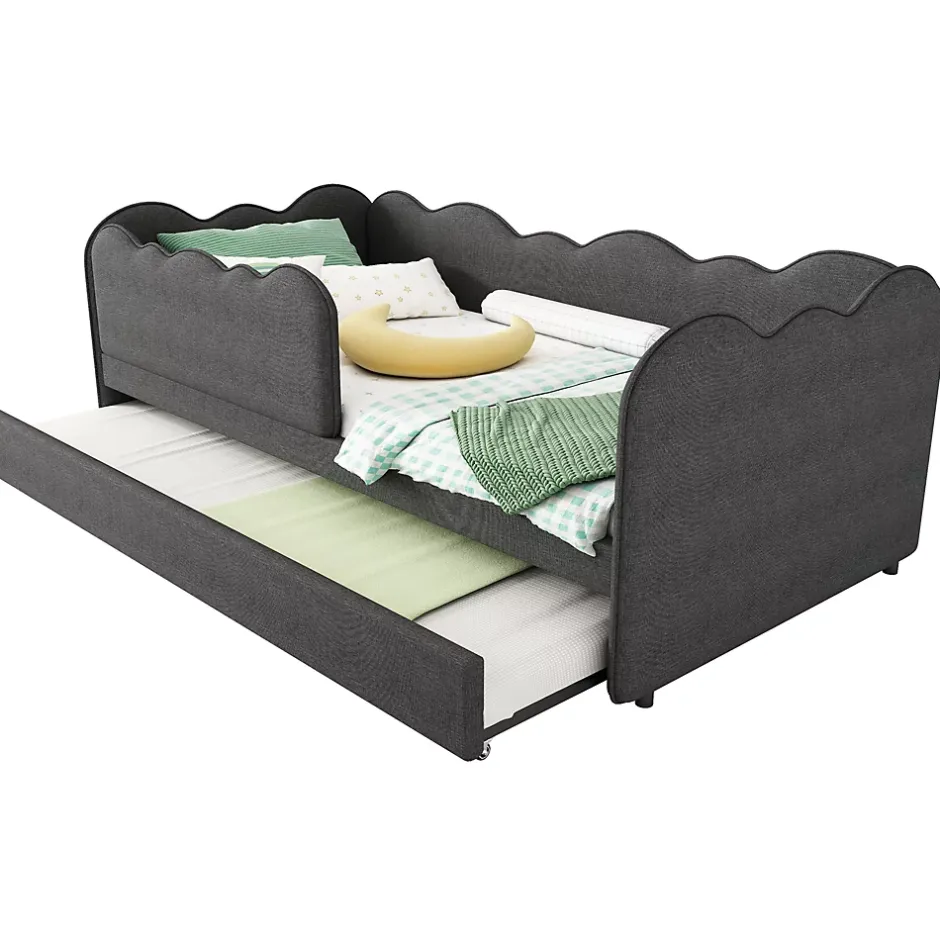 Redom Lit 90x190 cm avec lit gigogne et dossier rembourré en lin gris, côtés modulables pour chambre d'enfant Discount