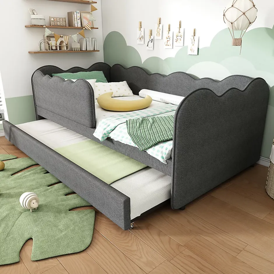 Redom Lit 90x190 cm avec lit gigogne et dossier rembourré en lin gris, côtés modulables pour chambre d'enfant Discount