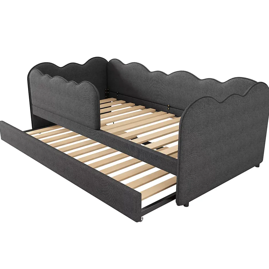 Redom Lit 90x190 cm avec lit gigogne et dossier rembourré en lin gris, côtés modulables pour chambre d'enfant Discount