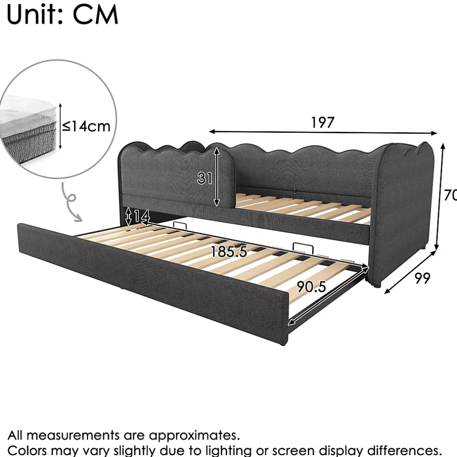 Redom Lit 90x190 cm avec lit gigogne et dossier rembourré en lin gris, côtés modulables pour chambre d'enfant Discount