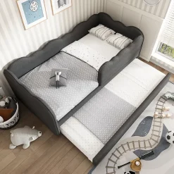 Redom Lit 90x190 cm avec lit gigogne et dossier rembourré en lin gris, côtés modulables pour chambre d'enfant Discount