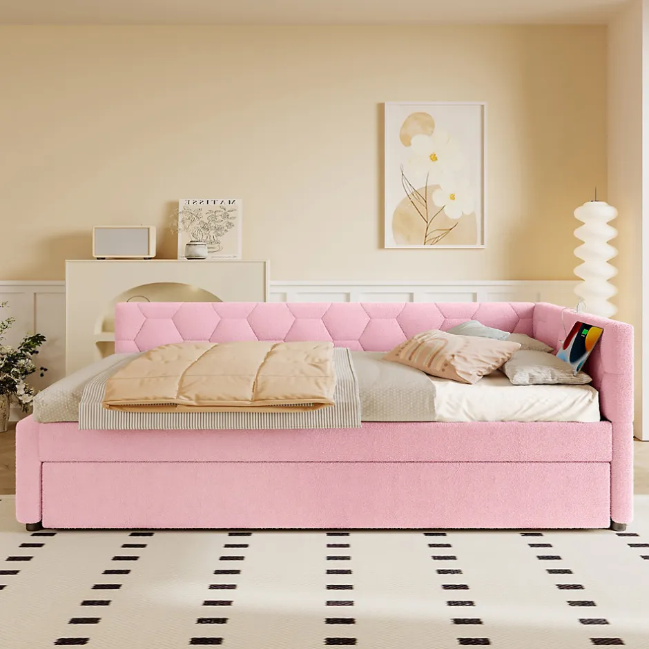 Redom Lit 90x200 cm avec lit gigogne, revêtement velours rose et structure MDF, lampe de chevet intégrée
