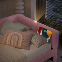 Redom Lit 90x200 cm avec lit gigogne, revêtement velours rose et structure MDF, lampe de chevet intégrée