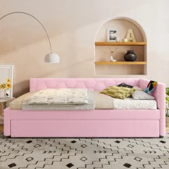 Redom Lit 90x200 cm avec lit gigogne, revêtement velours rose et structure MDF, lampe de chevet intégrée