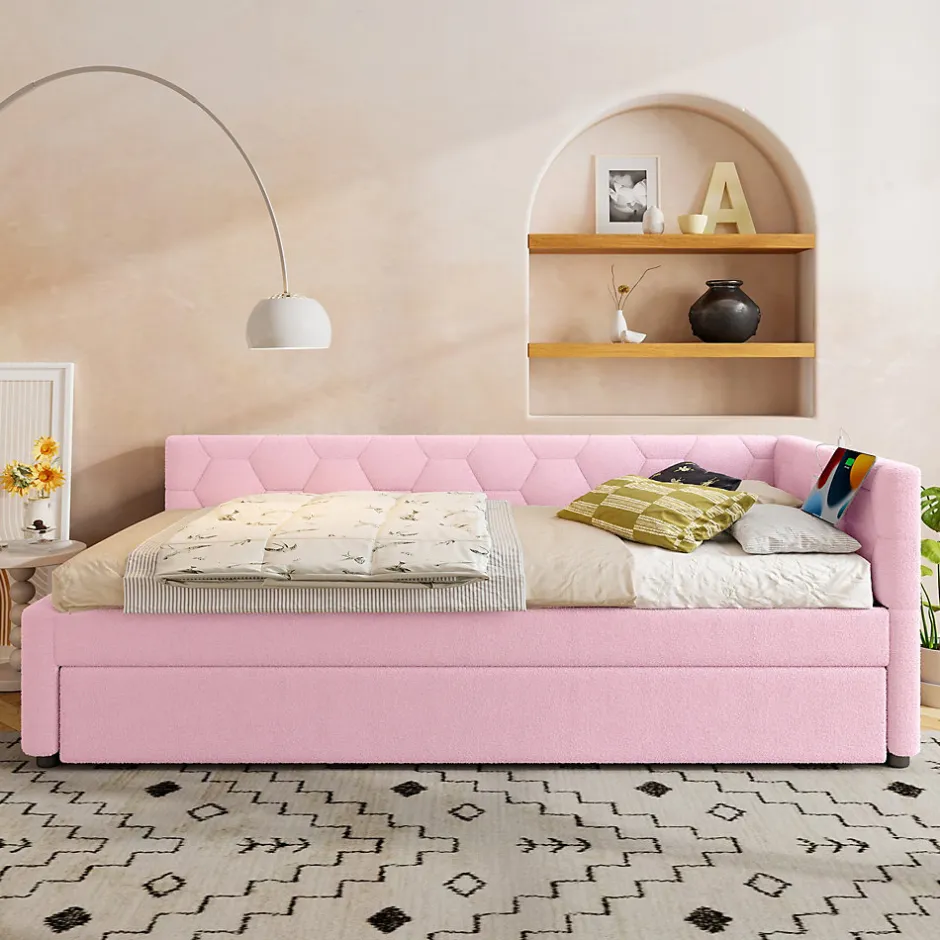 Redom Lit 90x200 cm avec lit gigogne, revêtement velours rose et structure MDF, lampe de chevet intégrée