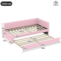 Redom Lit 90x200 cm avec lit gigogne, revêtement velours rose et structure MDF, lampe de chevet intégrée