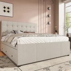 Redom Lit 140x200 cm avec lit gigogne, 3 tiroirs et tête de lit réglable, tapissé lin beige, style minimaliste Hot