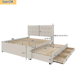 Redom Lit 140x200 cm avec lit gigogne, 3 tiroirs et tête de lit réglable, tapissé lin beige, style minimaliste Hot