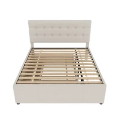 Redom Lit 140x200 cm avec lit gigogne, 3 tiroirs et tête de lit réglable, tapissé lin beige, style minimaliste Hot