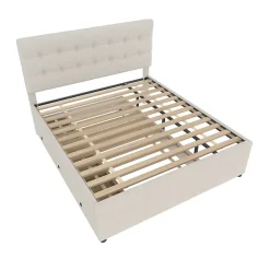 Redom Lit 140x200 cm avec lit gigogne, 3 tiroirs et tête de lit réglable, tapissé lin beige, style minimaliste Hot
