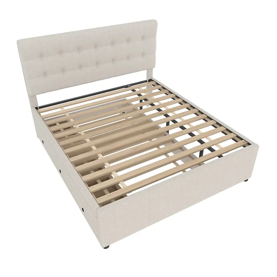 Redom Lit 140x200 cm avec lit gigogne, 3 tiroirs et tête de lit réglable, tapissé lin beige, style minimaliste Hot