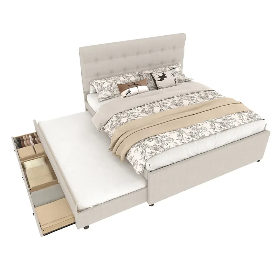 Redom Lit 140x200 cm avec lit gigogne, 3 tiroirs et tête de lit réglable, tapissé lin beige, style minimaliste Hot