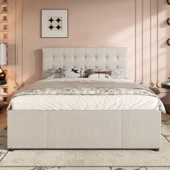 Redom Lit 140x200 cm avec lit gigogne, 3 tiroirs et tête de lit réglable, tapissé lin beige, style minimaliste Hot