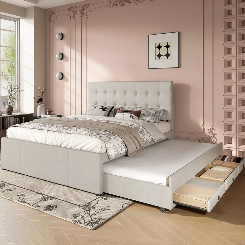 Redom Lit 140x200 cm avec lit gigogne, 3 tiroirs et tête de lit réglable, tapissé lin beige, style minimaliste Hot