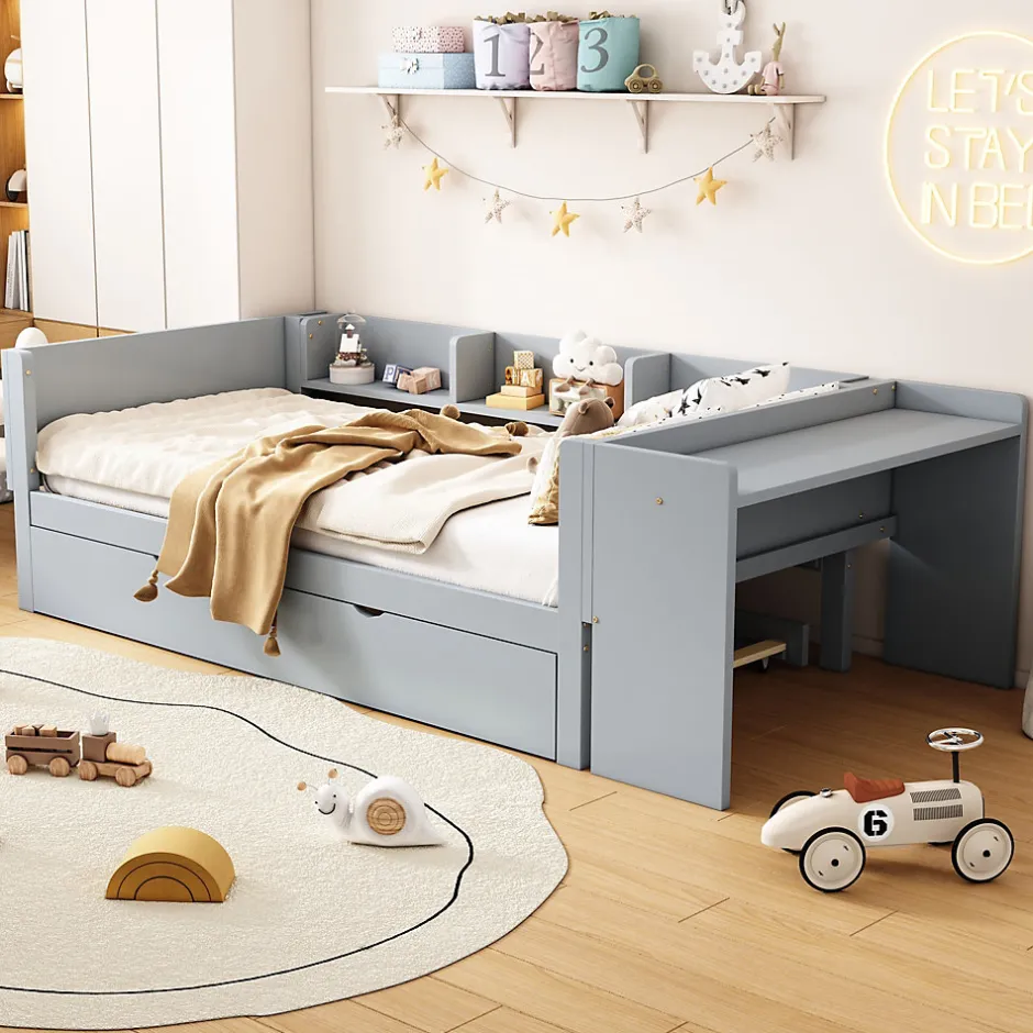 Redom Lit 90x200 cm avec lit gigogne, bureau amovible et 3 étagères latérales, cadre pin massif et MDF, finition gris