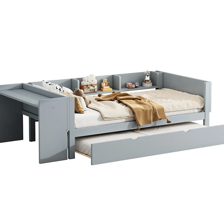 Redom Lit 90x200 cm avec lit gigogne, bureau amovible et 3 étagères latérales, cadre pin massif et MDF, finition gris