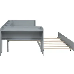 Redom Lit 90x200 cm avec lit gigogne, bureau amovible et 3 étagères latérales, cadre pin massif et MDF, finition gris