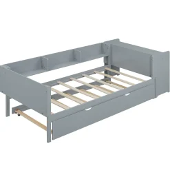 Redom Lit 90x200 cm avec lit gigogne, bureau amovible et 3 étagères latérales, cadre pin massif et MDF, finition gris