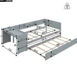 Redom Lit 90x200 cm avec lit gigogne, bureau amovible et 3 étagères latérales, cadre pin massif et MDF, finition gris
