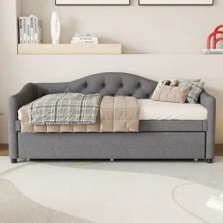 Redom Lit 90x200 cm avec lit gigogne en lin et structure MDF, style minimaliste gris convertible en banquette
