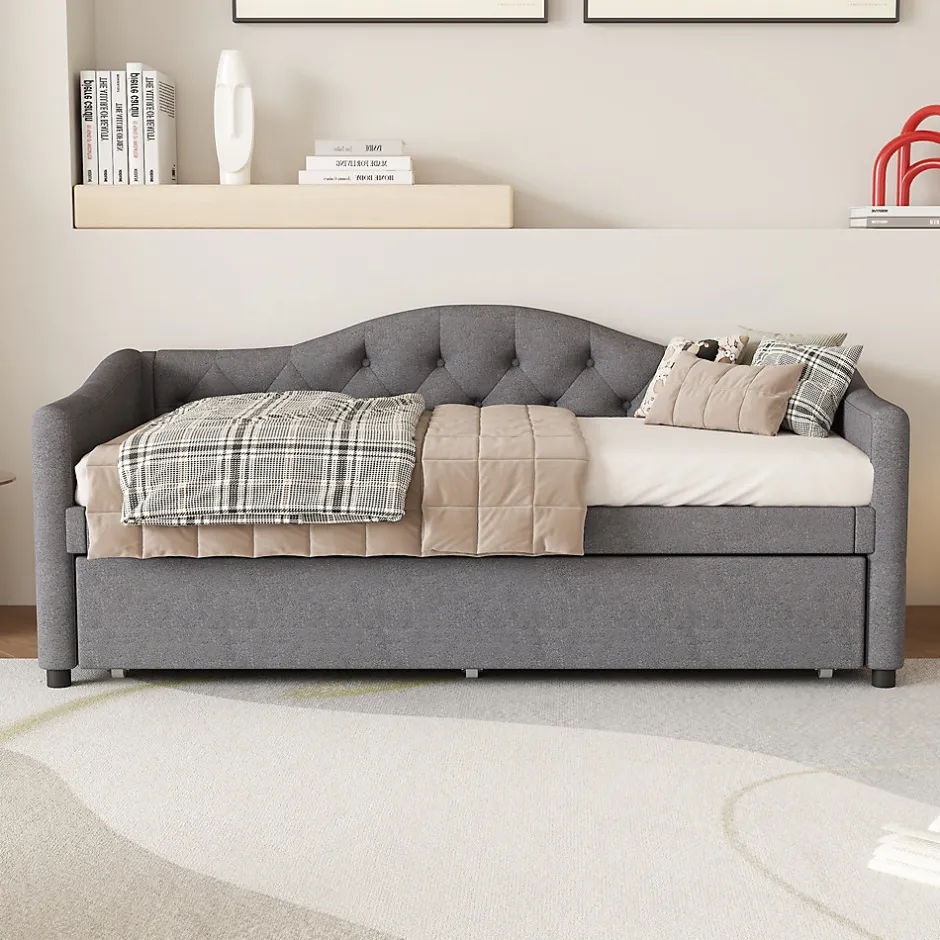 Redom Lit 90x200 cm avec lit gigogne en lin et structure MDF, style minimaliste gris convertible en banquette