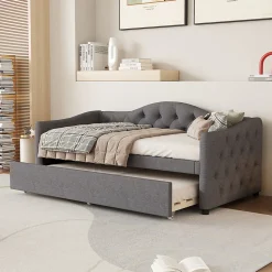 Redom Lit 90x200 cm avec lit gigogne en lin et structure MDF, style minimaliste gris convertible en banquette