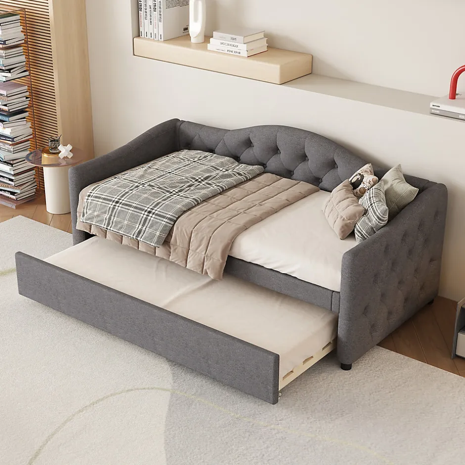 Redom Lit 90x200 cm avec lit gigogne en lin et structure MDF, style minimaliste gris convertible en banquette