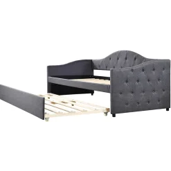 Redom Lit 90x200 cm avec lit gigogne en lin et structure MDF, style minimaliste gris convertible en banquette