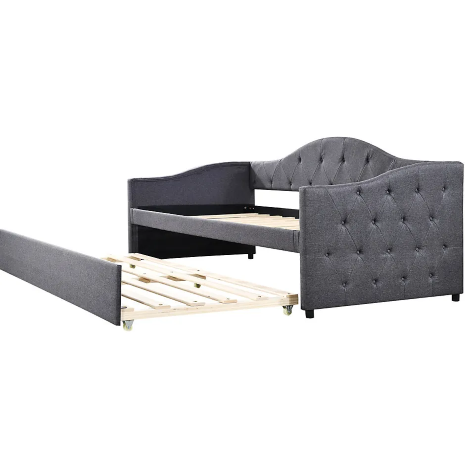 Redom Lit 90x200 cm avec lit gigogne en lin et structure MDF, style minimaliste gris convertible en banquette