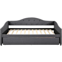 Redom Lit 90x200 cm avec lit gigogne en lin et structure MDF, style minimaliste gris convertible en banquette