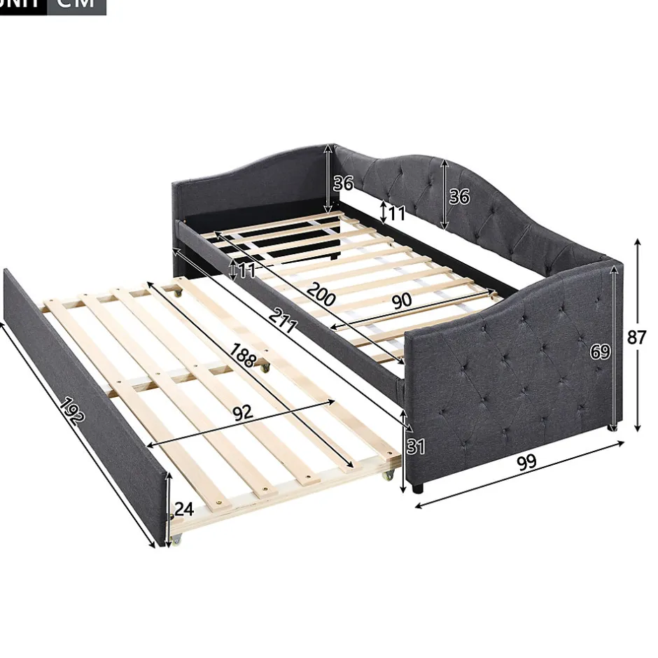 Redom Lit 90x200 cm avec lit gigogne en lin et structure MDF, style minimaliste gris convertible en banquette