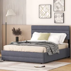 Redom Lit 140x200 cm avec lit gigogne et 2 tiroirs, tapissé lin gris, tête réglable, style moderne et gain de place