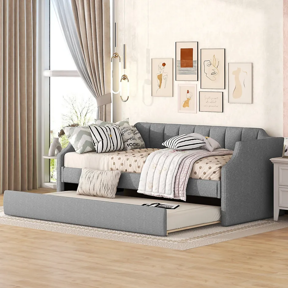 Redom Lit 90x200 cm avec lit gigogne roulant, tapissé lin gris, dossier et accoudoirs arrondis design contemporain