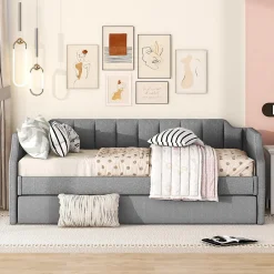 Redom Lit 90x200 cm avec lit gigogne roulant, tapissé lin gris, dossier et accoudoirs arrondis design contemporain