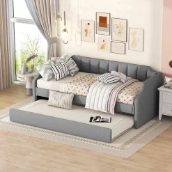 Redom Lit 90x200 cm avec lit gigogne roulant, tapissé lin gris, dossier et accoudoirs arrondis design contemporain