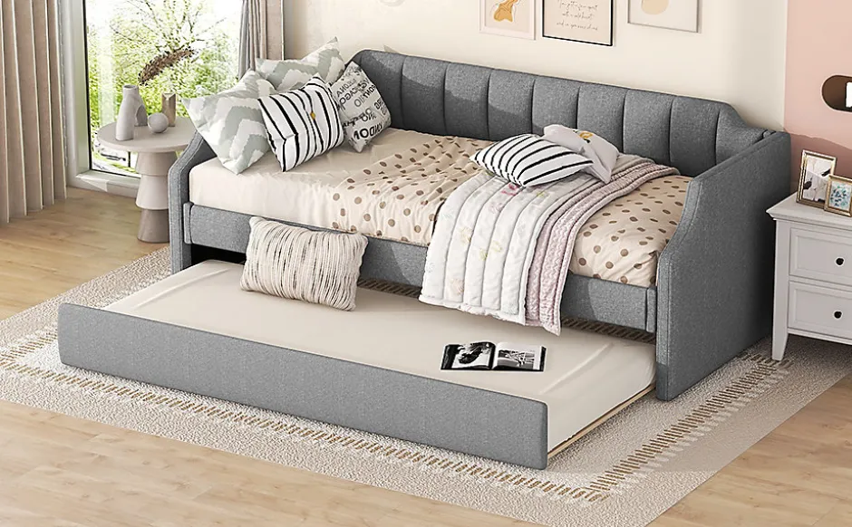 Redom Lit 90x200 cm avec lit gigogne roulant, tapissé lin gris, dossier et accoudoirs arrondis design contemporain