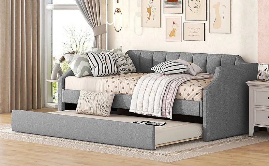 Redom Lit 90x200 cm avec lit gigogne roulant, tapissé lin gris, dossier et accoudoirs arrondis design contemporain
