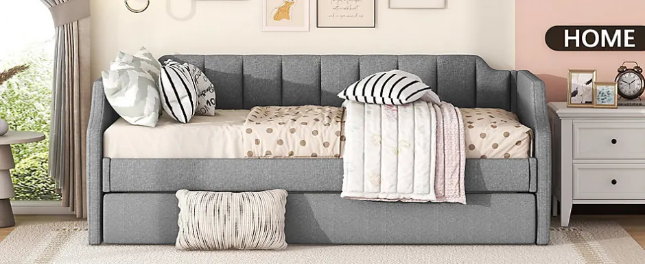 Redom Lit 90x200 cm avec lit gigogne roulant, tapissé lin gris, dossier et accoudoirs arrondis design contemporain