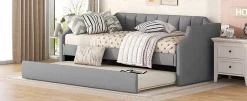 Redom Lit 90x200 cm avec lit gigogne roulant, tapissé lin gris, dossier et accoudoirs arrondis design contemporain