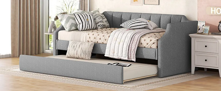 Redom Lit 90x200 cm avec lit gigogne roulant, tapissé lin gris, dossier et accoudoirs arrondis design contemporain