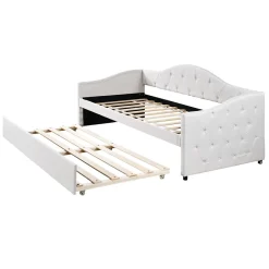 Redom Lit 90x200 cm avec lit gigogne, revêtement lin beige, structure MDF, design minimaliste, idéal petits espaces