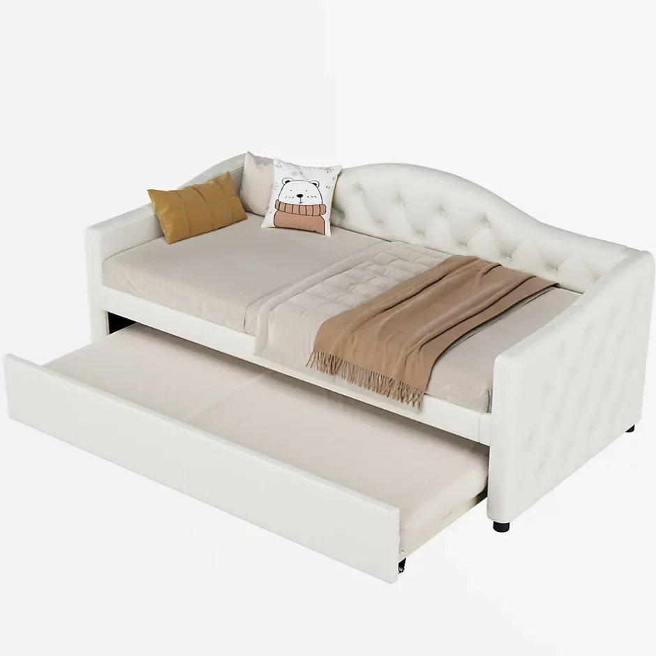 Redom Lit 90x200 cm avec lit gigogne, revêtement lin beige, structure MDF, design minimaliste, idéal petits espaces
