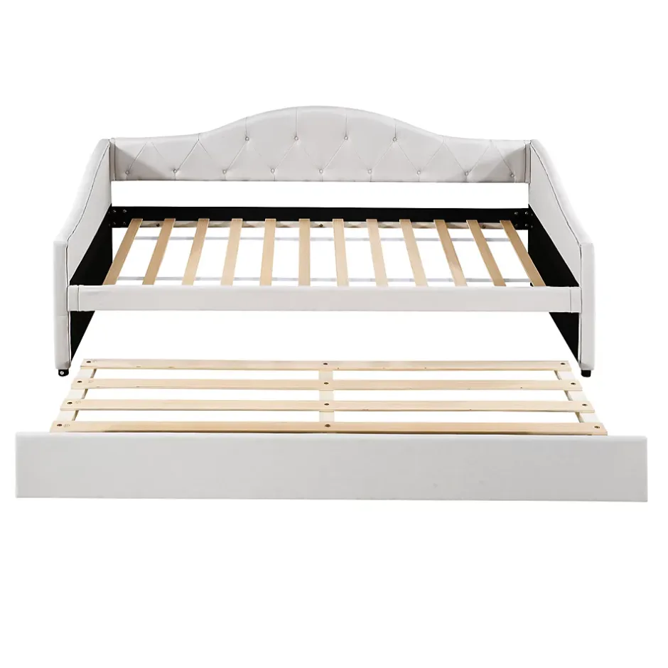 Redom Lit 90x200 cm avec lit gigogne, revêtement lin beige, structure MDF, design minimaliste, idéal petits espaces