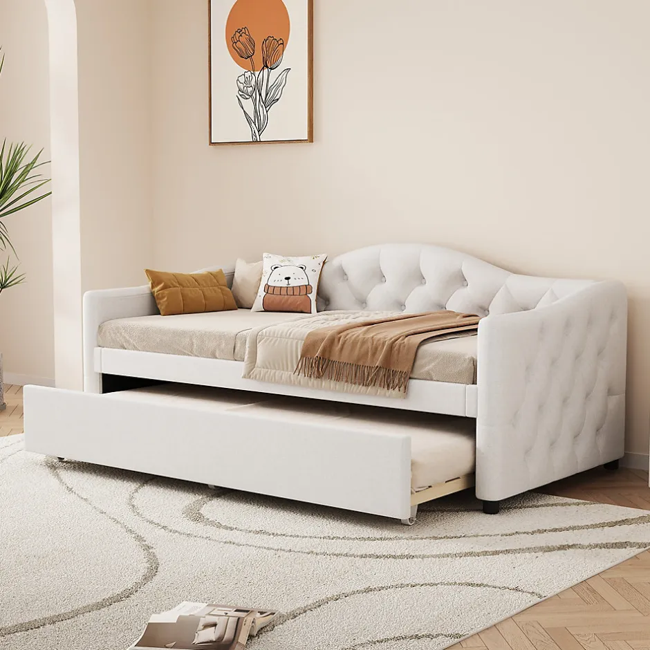 Redom Lit 90x200 cm avec lit gigogne, revêtement lin beige, structure MDF, design minimaliste, idéal petits espaces