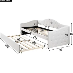 Redom Lit 90x200 cm avec lit gigogne, revêtement lin beige, structure MDF, design minimaliste, idéal petits espaces