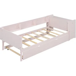 Redom Lit 90x200 cm avec lit gigogne et bureau intégré, 3 étagères latérales, pin massif et MDF, design moderne rose Hot