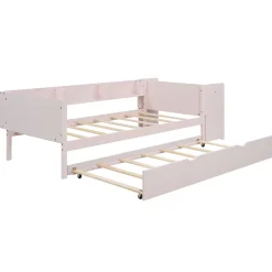 Redom Lit 90x200 cm avec lit gigogne et bureau intégré, 3 étagères latérales, pin massif et MDF, design moderne rose Hot