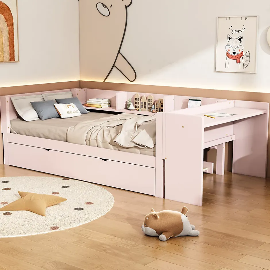 Redom Lit 90x200 cm avec lit gigogne et bureau intégré, 3 étagères latérales, pin massif et MDF, design moderne rose Hot